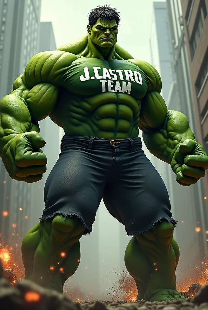The Incredible Hulk wearing a shirt with writing "J.Castro team"