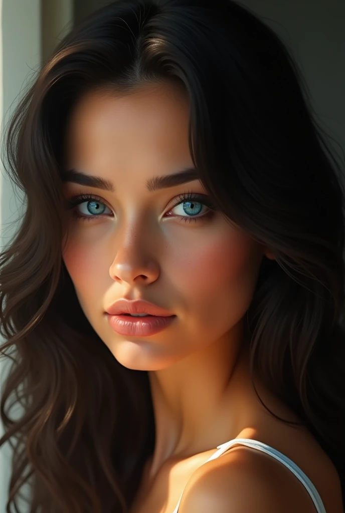 Portrait ultra-réaliste d'une femme de 25 ans, avec une peau dorée bronzée, des cheveux noirs ondulés avec des reflets bleutés subtils, et des yeux bleu nuit perçants. Son expression est confiante et mystérieuse, avec un regard séduisant. Elle porte un maquillage léger et sophistiqué qui met en valeur ses traits élégants. Le fond est flou, mettant en avant uniquement son visage radieux, éclairé par une lumière douce et chaude pour accentuer les tons dorés de sa peau et la profondeur de ses yeux.