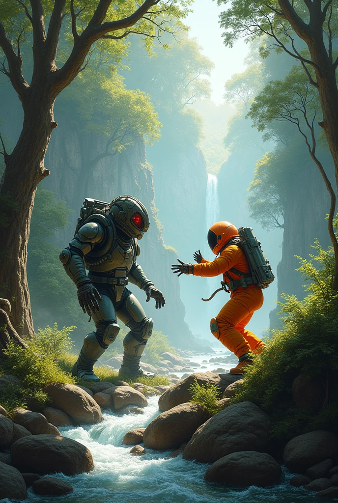(masterpiece:1.2,of the highest quality,Super detailed,realist,Ultra high resolution camera),8k,Wallpaper,(aIndigenous hybrid engineer 1024 with an orange astronaut. war encounter, fight in the river,(pandora forest, virgin forest and a river 2.0), Landscape painting,dynamic