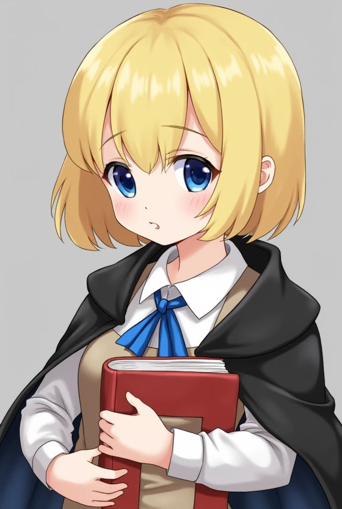 Short stature with a childlike appearance
Blonde hair styled in a bowl cut
Wears a white dress shirt with a blue ribbon and a black cape
Big, round, blue eyes
Often carries a red spellbook