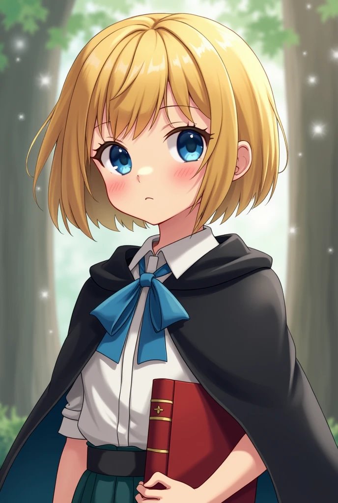 Short stature with a childlike appearance
Blonde hair styled in a bowl cut
Wears a white dress shirt with a blue ribbon and a black cape
Big, round, blue eyes
Often carries a red spellbook