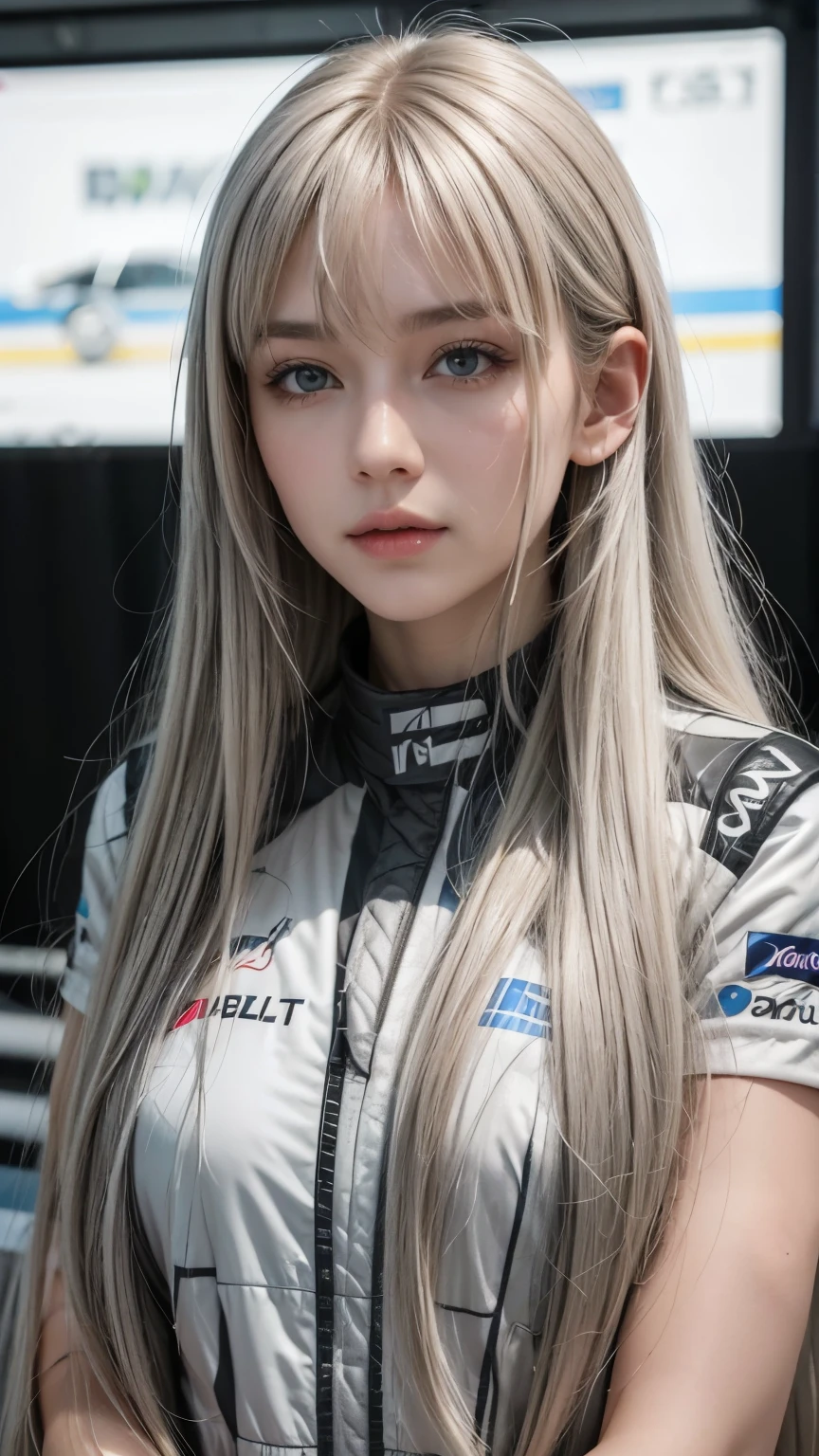 Create a woman with long, straight gray hair. She wears bangs and her hair is very light blonde. She is dressed in a Formula 1 driver's uniform and is holding a helmet.. His uniform is black with red details., corpo sexy. an adult woman. Her hair is light blonde. Uniforme sexy , breasts big, big lips, white hair