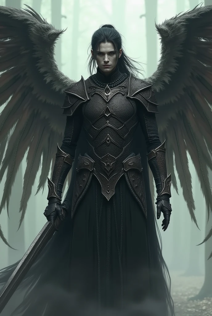 A warrior man, long dark hair tied with pale skin, expressionless face, and eyes (iris and sclera) black, wearing chainmail armor and a pair of skeletal wings, don&#39;t make it so dark