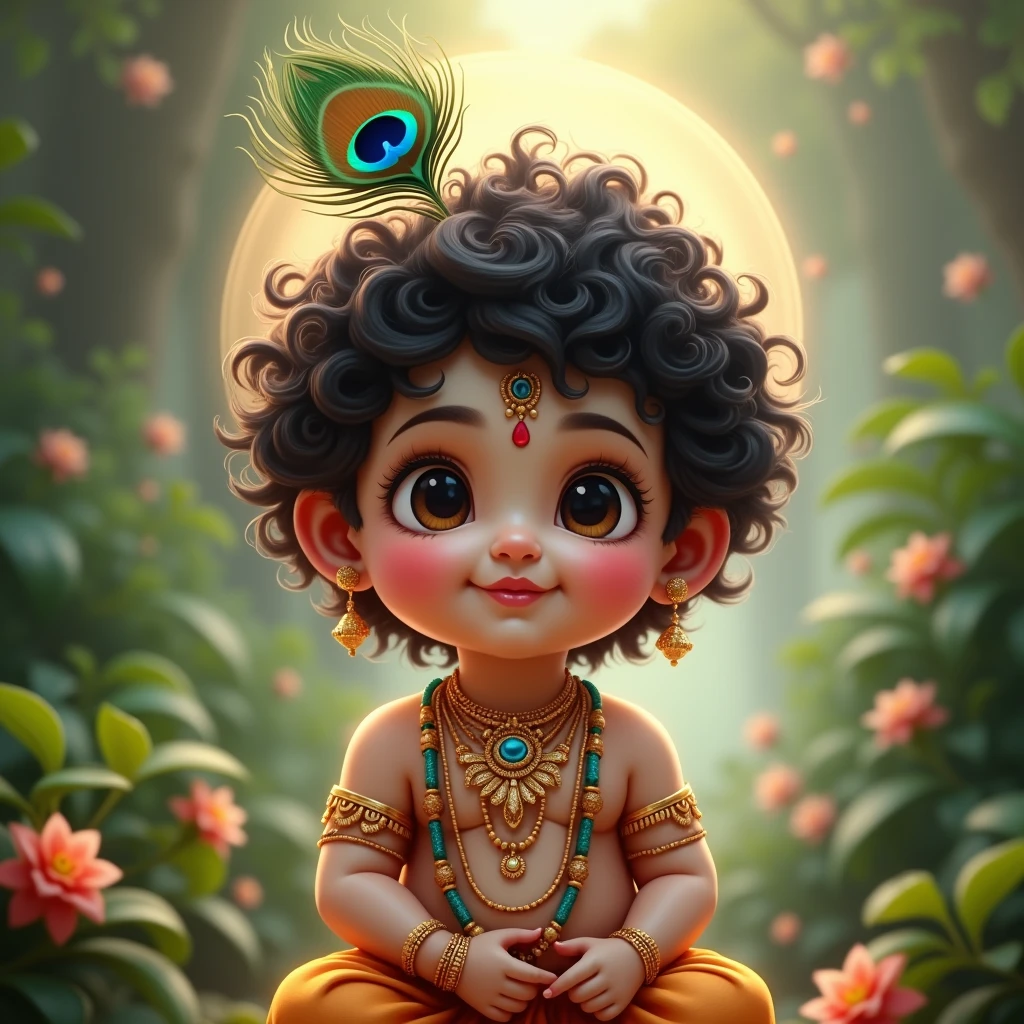 God Krishna age of 1 year old cute boy smiling, adorning with peacock, curl hair