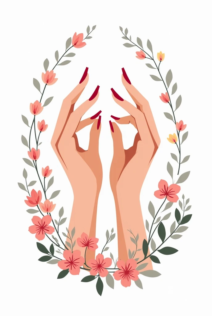 A vector logo, of beautiful hands with long nails painted red, at the bottom of the arms decorated with many flowers, WITH WHITE BACKGROUND