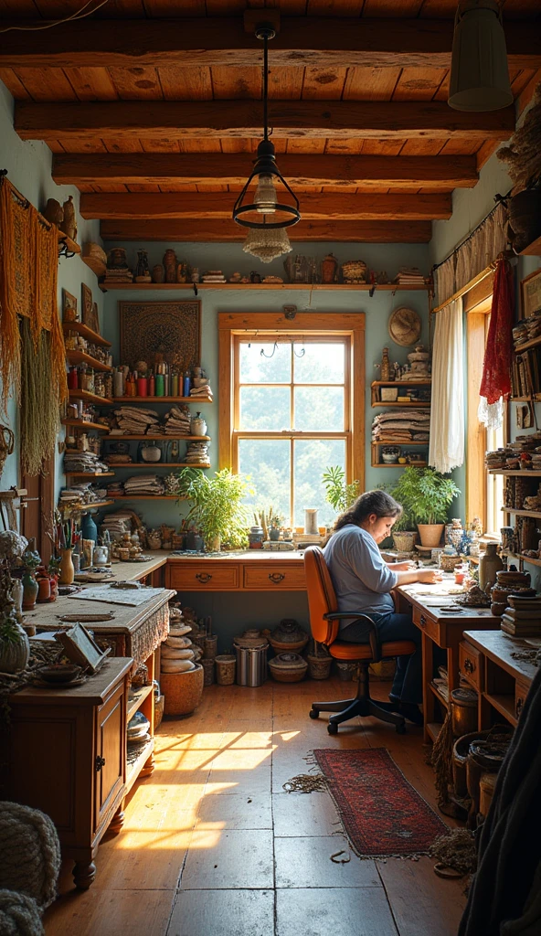 A cozy, somewhat cluttered studio filled with tapestries and weaving tools. The room is softly lit by warm, natural light coming through a window. There are shelves lined with threads, fabrics, and various dreamweaving artifacts. The atmosphere is peaceful but imbued with a sense of longing and creativity.