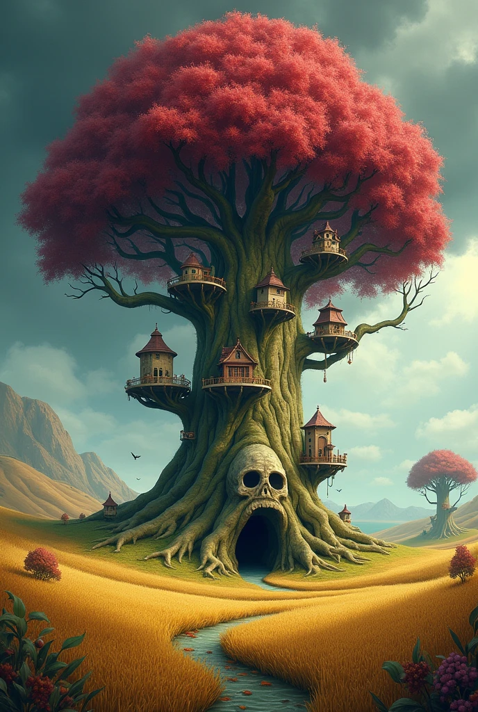 an landscape with a giant tree in center, surrounded by grains and hills. Its branches sustain platforms with houses with leaf ceilings. Os its base there is a hole in the shape of a skull that leads to its inside. Its leafs are wine coloured and the sky is moody, announcing a storm.