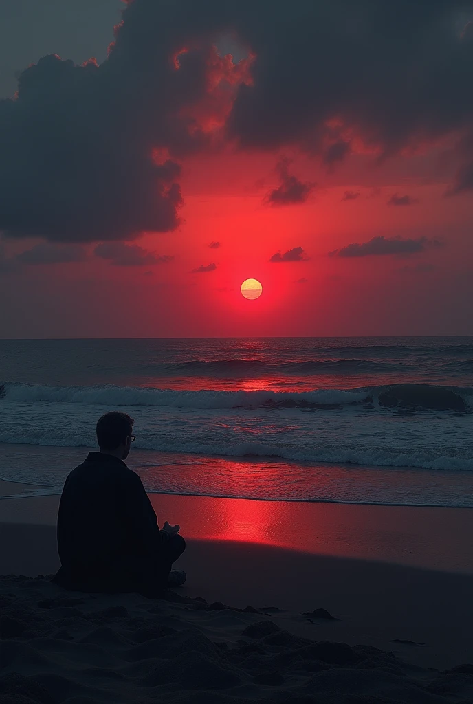 Line Art，Red and black，A lonely man sitting by the sea，David Hockney style，Full length view, Long Shot, cinestill 50d