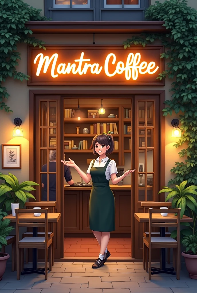 Entrance to a cafe with wooden tables outside, with a sign that says mantra coffee, illuminated, with plants, books, paintings. At the entrance a female Barista with a cup of coffee in her hand and a smile on her face. He addresses the audience with enthusiasm.