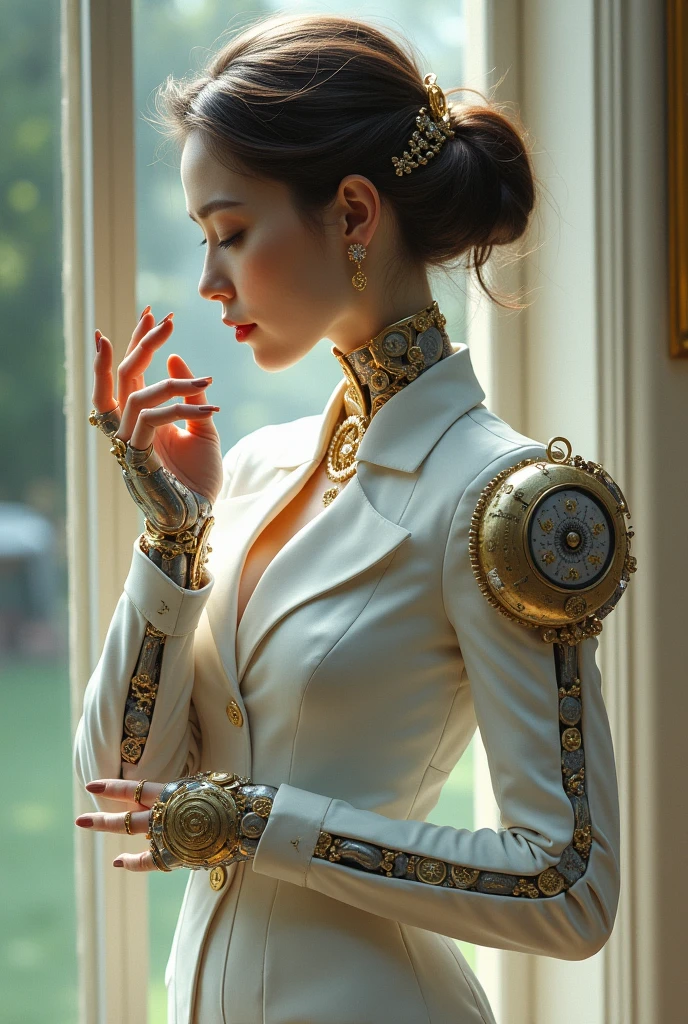 vibrant steampunk charming sophisticated elegant formal graceful female clockwork amputee ligament arms in corset and white suit graceful caressing huddle