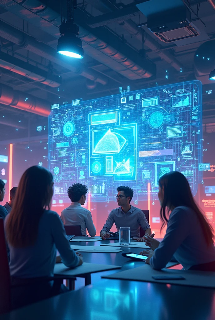 Team planning with computers and images coming out of computer and hologram coming out of computer in color  , animadas 