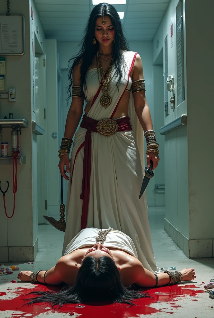 Indian female powerful god crying in front of a ded body of a raped lady doctor, female god's in one hand holding a trishul, lady doctors have tears converted to blood, The lady doctor's clothes are torn all over, The lady doctor has blood all over her body, background hospital floor, stethoscope and medicine everywhere, Blood everywhere.