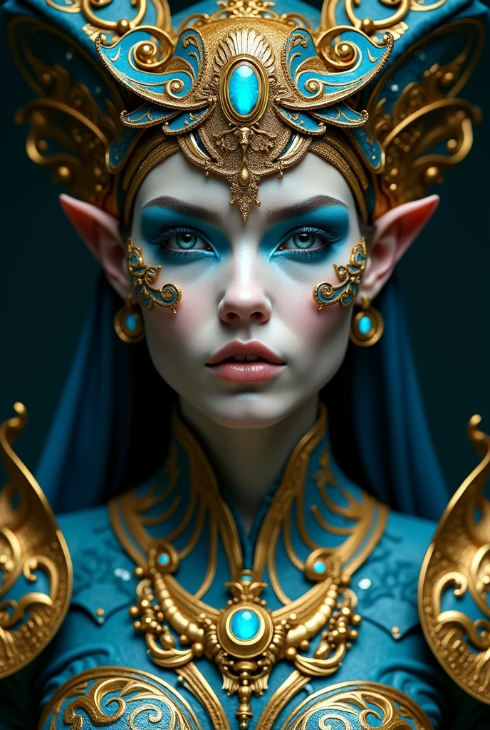 A stunning and highly detailed portrait of an otherworldly queen with a captivating presence. Her face is adorned with intricate gold and turquoise jewelry, forming an elaborate headdress with a central, glowing eye-like gem. Her porcelain-like complexion contrasts with her bold blue and gold makeup, enhancing her mysterious aura. The queen's armor-like clothing is intricately decorated with swirling patterns, jewels, and ornate metalwork, blending futuristic and ancient design elements. The background is dark, emphasizing her radiant and powerful presence that dominates the image, making it a perfect piece of conceptual art in the realm of cinematic portrait photography., portrait photography, conceptual art, cinematic, photo