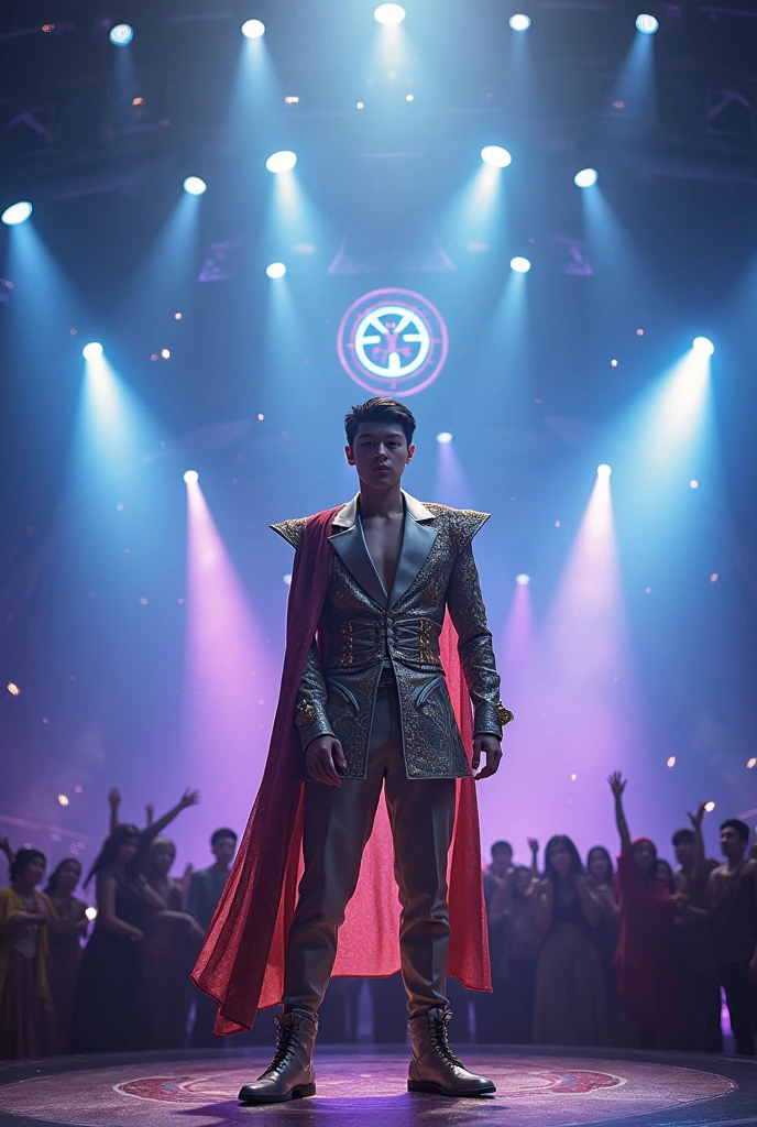 a professional singer and dancer who is a male teenager dancing and singing in a show, the theme is royalty and there are many fans in this show, the show is happening in Korea, symbol-shaped pupils, Futurism, Surrealism, sparkle, glowing light, god rays, UHD, super detail, 4K, best quality