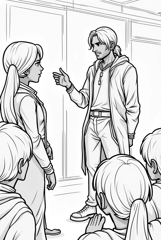 Create a lineart illustration Scenario: Dhorion, exhausted but determined, explains the situation to the people in the room, with Marine watching intently.
Details: The illustration could show Dhorion standing, gesturing as he speaks, with Marine staring at him. Dhorion's tiredness could be subtly shown in his facial expression and posture, but with a small smile of determination still present. Marine could be leaning forward slightly, showing her interest and curiosity.