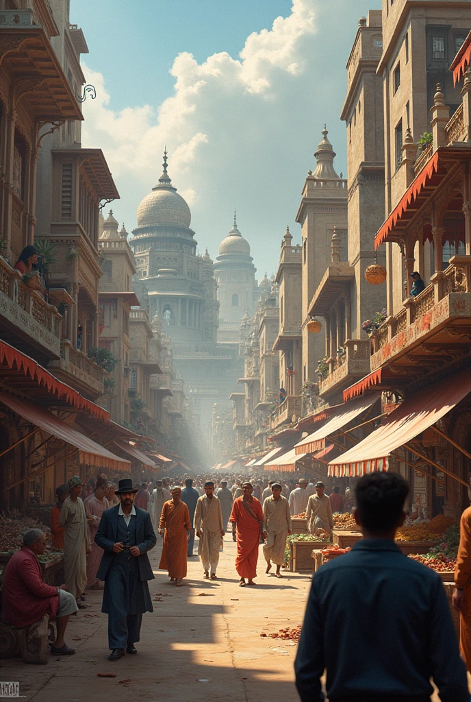 Indian Society Under British Control:** A diverse scene showing the impact of British control on Indian society, from elite Indians adopting British customs to common people struggling under oppressive policies