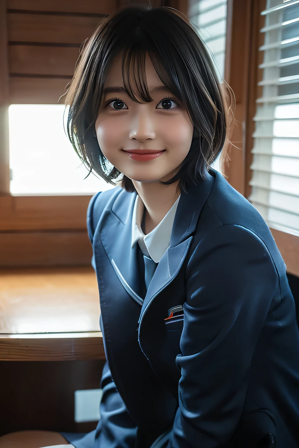 (Masterpiece, Best quality), (Short bob Hair), (High School Uniform), upper body shot, sitting, (Indoor Lighting), shy smile
