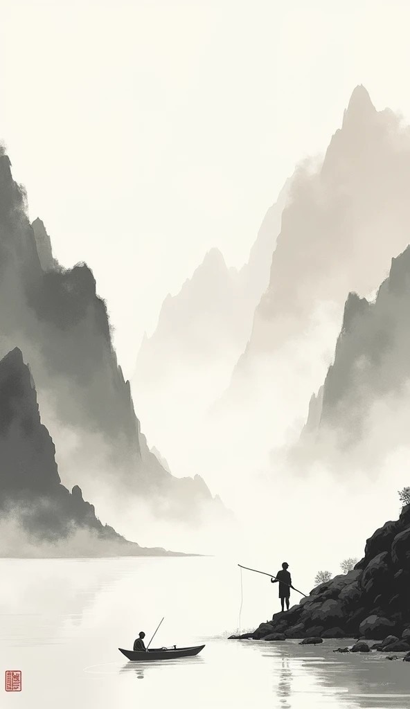 Chinese Ink wash painting of a fisherman, painting without text or stamp, simplification painting, negative space, small ship, mountain