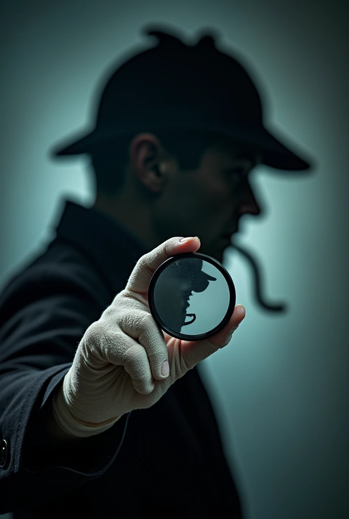 A close-up of a bandaged hand holding a magnifying glass, with Holmes' shadow projected in the background. The image captures the essence of mystery and investigation.