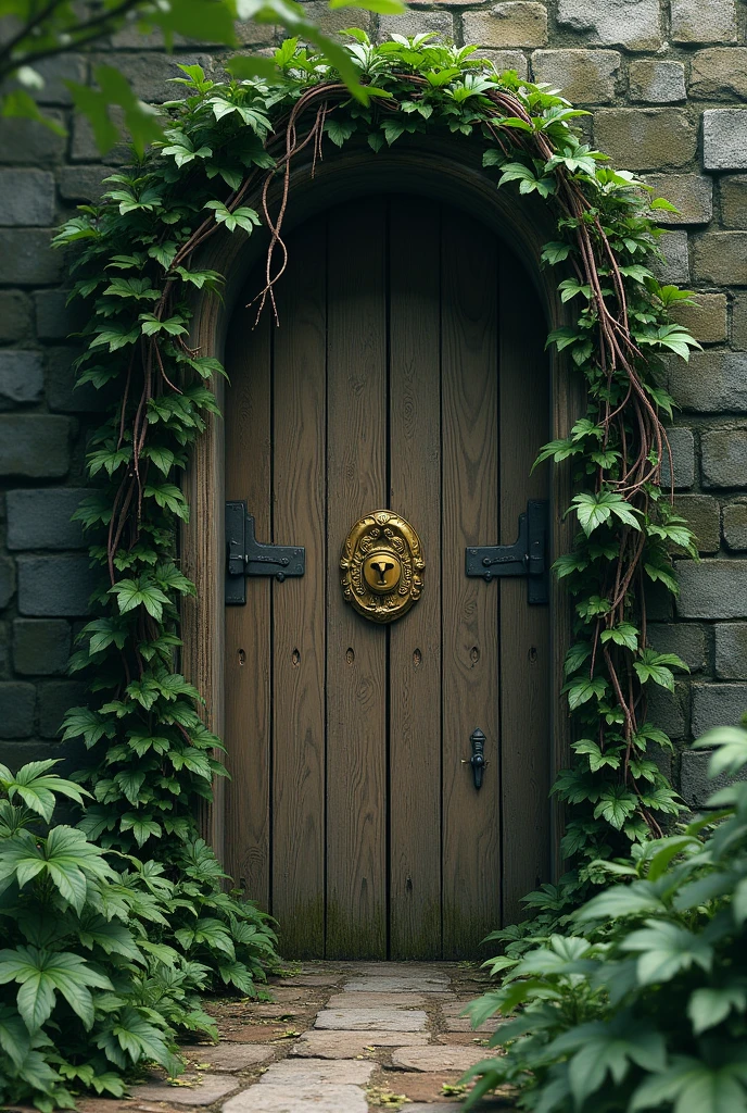 create an image of a door covered with vines, with a golden lock in the middle