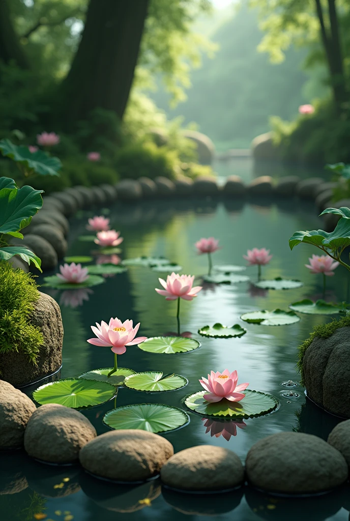 Natural Lotus pond with rock border