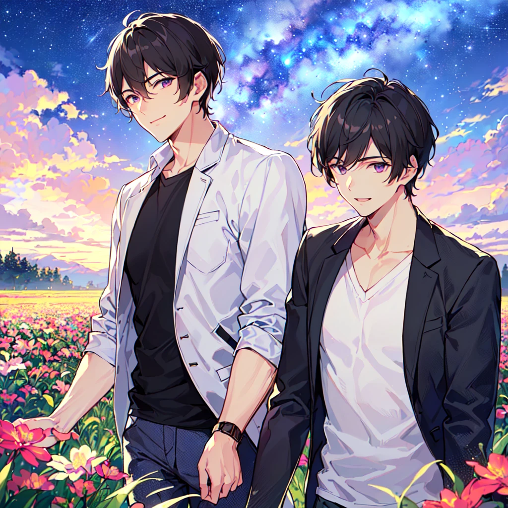 masterpiece,best quality,high quality,(1male austere handsome solo adult age 30 years old:1.5), purple eyes, cool with suspended eyes, V-shaped eyebrows, body strong and fearless 8.5 head tall, height 185cm, (well-groomed black short hair to neck:1.4), (bangs 7 thirds parted:1.4), slender nose, facial muscles, throat, (pants in dew grass summer fashion:1.3), (walking:1.3), (stylish pose), (cool smile:1.3), (upper body:1.3), (background dew grass summer flower field:1.3) , (Milky Way Night Sky:1.3)