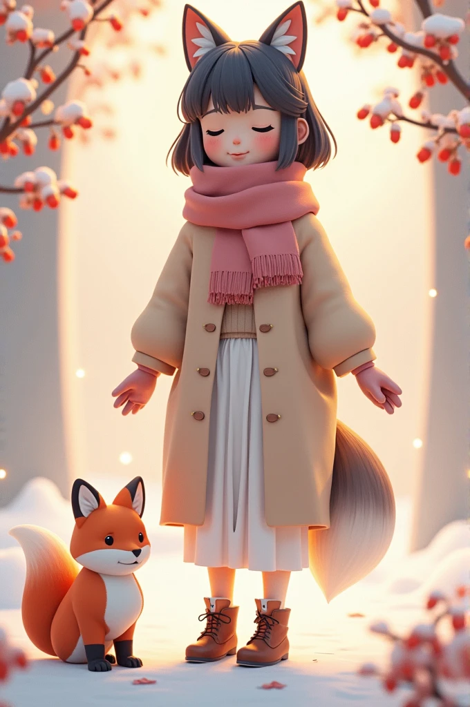 Cute  with medium-length dark hair, wearing a skirt, sweater and a scarf, holding winter glover, with near is her feet a fox kitsune, 3D Rendering, solid color background, specific, chibi anime, surrealism, cartoon style, full-body shot, super detail, anatomically correct, masterpiece, precise