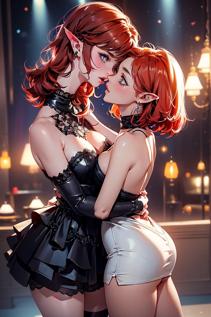 2girls, (one is a female elf, short red hair, blue eyes, curvy body, full pouty lips, off the shoulder black mini dress, black high heels) (other one is a female elf, short blonde hair, blue eyes, slim body, full pouty lips, black lace mini dress, black heels) Dancing super close at a dance night club, facing each other, kissing passionately, lips pressed together