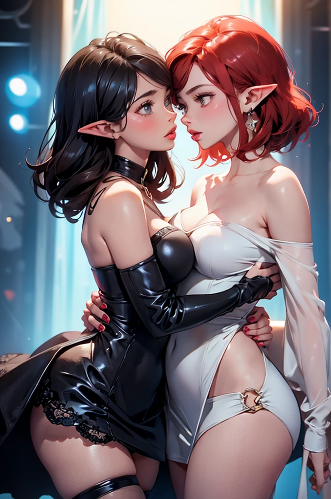 2girls, (one is a female elf, short red hair, blue eyes, curvy body, full pouty lips, off the shoulder black mini dress, black high heels) (other one is a female elf, short blonde hair, blue eyes, slim body, full pouty lips, black lace mini dress, black heels) Dancing super close at a dance night club, facing each other, kissing passionately, lips pressed together