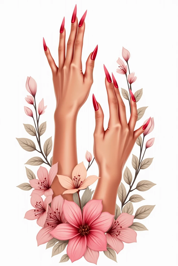 A vector logo, of beautiful sensual hands with long nails painted red, at the bottom of the arms decorated with many flowers, WITH WHITE BACKGROUND 
