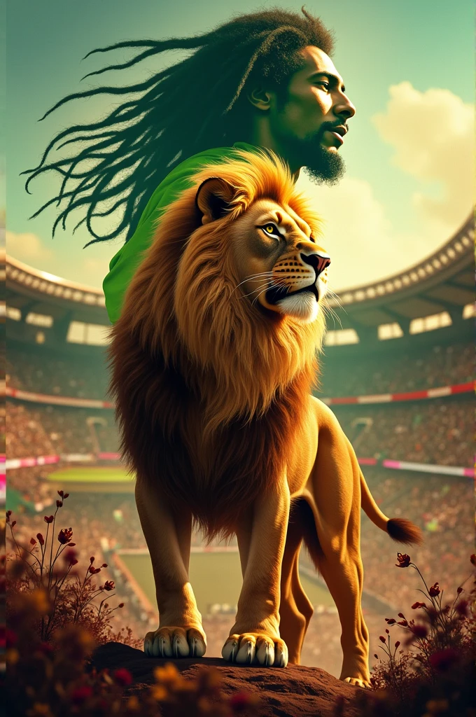 make an image with a stadium and a boby marley in the background and a lion