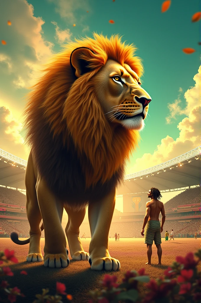 make an image with a stadium and a boby marley in the background and a lion