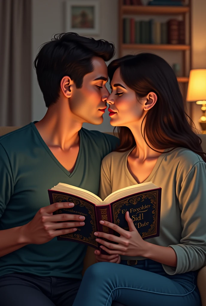 A couple together, each one holding their own book and showing the cover. Reading together. They're kissing on the mouth.