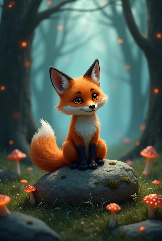 Cute fox,sitting on rock,Green Grass ON ground,in a mystical DARK,foggy forest,black Background with moon,spotlight,comic,Steampunk,cinema stil, bokeh,mushrooms,glowing outlines