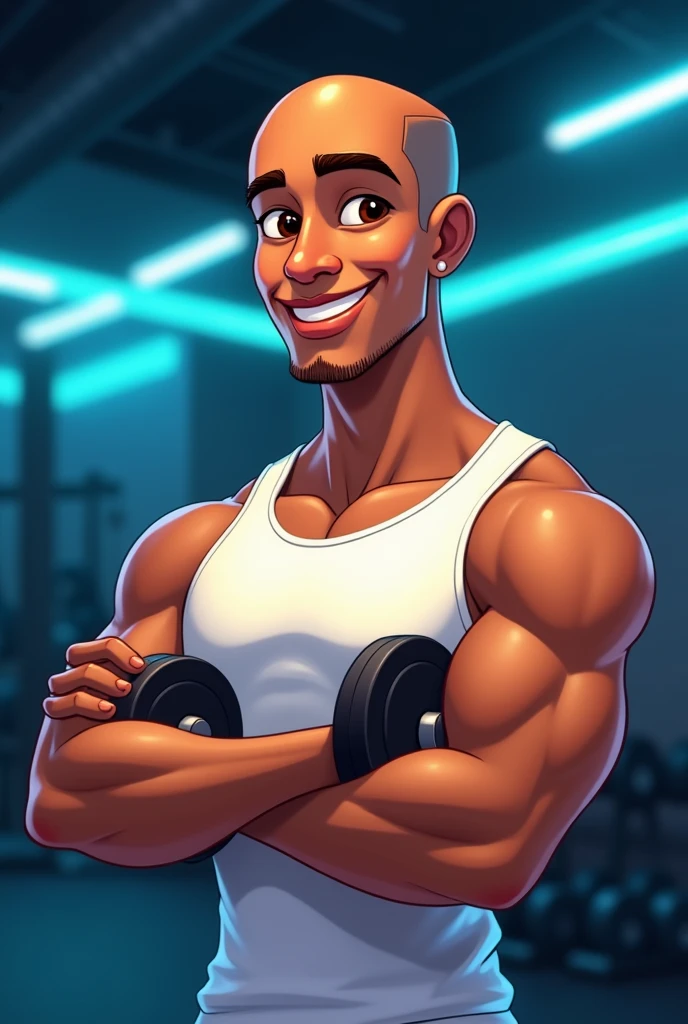 logo coach Lucio Pixar-style cartoon logo promoting logo Coach Lucio an 18-year-old bald brown skin color man smooth brown skin, and a bright, confident smile, wearing a crisp white tank top, holding dumbbells, gym background with subtle neon blue accents, evoking a sense of energy, strength, and motivation, arms and toned physique