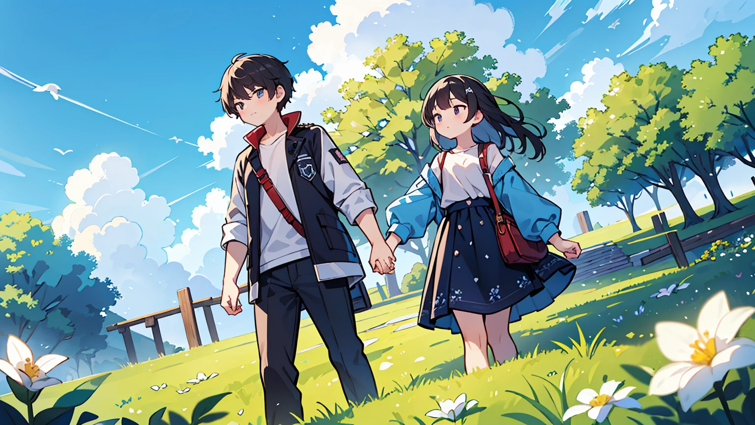 (Masterpiece, highest quality),Create an image of a couple holding hands, walking up a set of stairs towards a beautiful blue sky with fluffy clouds. The scene conveys a sense of romance and connection, integrated into the sky as if part of the cloudscape. The ground is covered with lush green grass and dotted with white flowers, enhancing the dreamy and serene atmosphere.Upper body
 