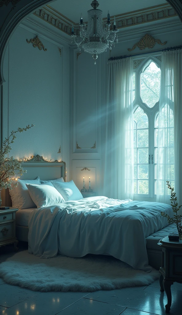A quiet bedroom at night, filled with a soft, magical glow. The air is thick with the scent of jasmine and nightshade, and the walls shimmer with a faint, silvery light. The room’s ambiance suggests a dreamlike quality, with hints of glowing stardust drifting through the air.