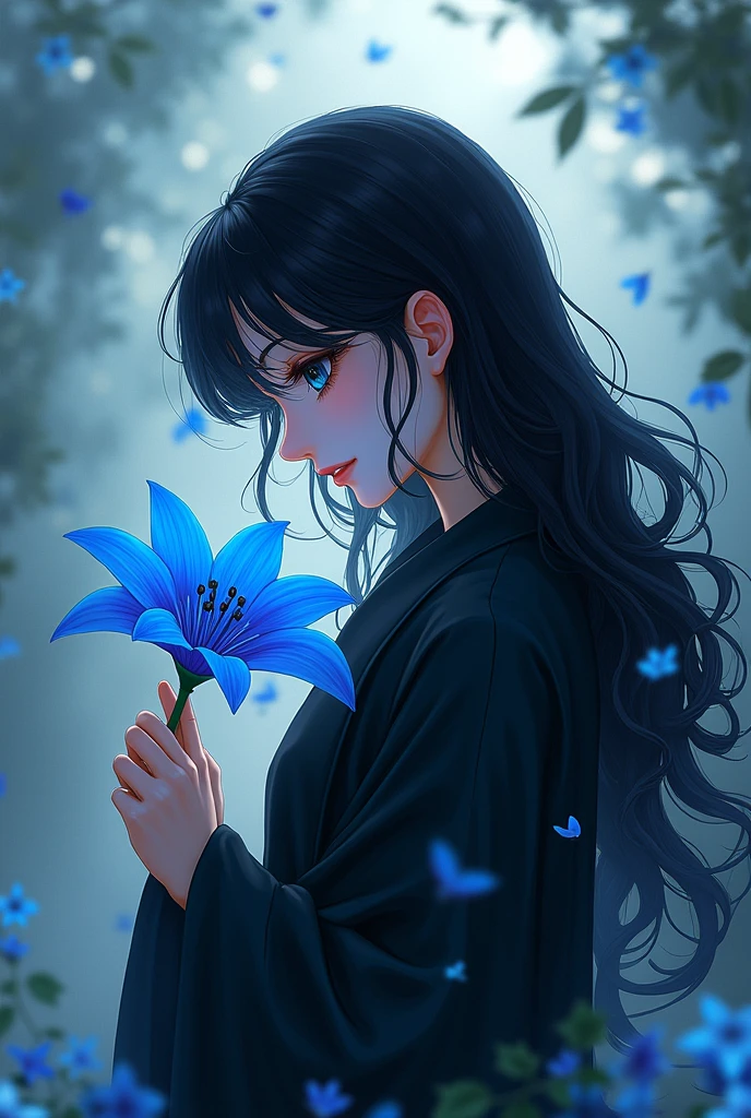 A girl, wearing a black robe. Jet black hair flowing, Both of his eyes are also jet black.. Holding a blue peacock lily, looking at the flowers with a gentle smile. Flowers fall around him. Be in a cool place, calm, and peace.