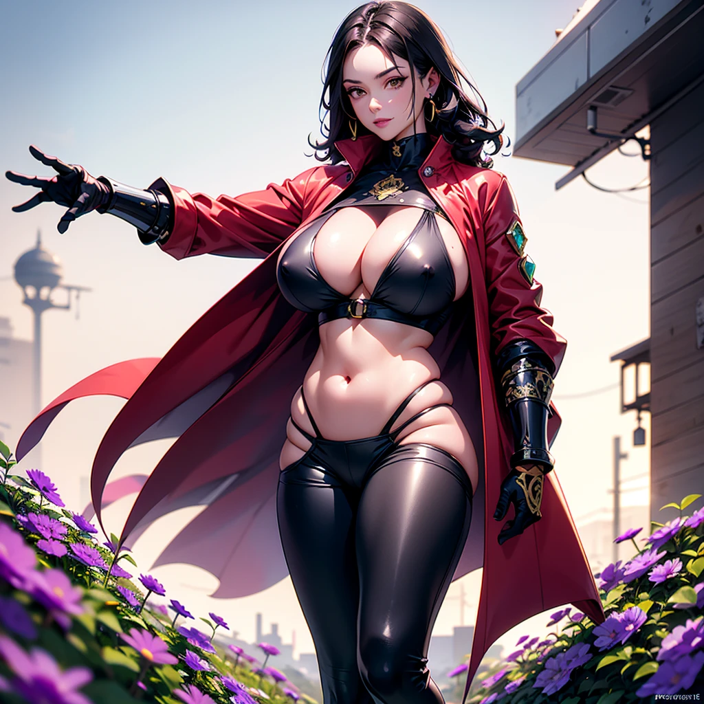 ((best quality)), (detailed), 1 women big pornstar heavy knight armor, 8k_wallpaper, extremely detailed eyes, (large masterpiece digital art), (intricate details:1.3 ), (ultra-detailed:1.3), (sharp focus:1.3), (natural lighting:1.05), (vivid colors:1.3), (best quality:1.4), expressive eyes, full body, detailed face, beautiful face, perfect face, ((hair black curls)), (gold eyes), {{dark skin}}, ({dark skinned female}), (big breasts), huge chest, big wide ass, powerful relief muscles of the abdomen and legs, powerful strong muscles of the arms, belly piercing with blue emeralds, cruel predatory and cold-blooded arrogant look and smile, an open red coat with rolled up sleeves, a translucent blue crop top very clear outlines of huge pointed nipples with large piercings under the fabric, steel combat pauldrons, steel bracers and leather gloves, leather shorts under which I can see the clear outlines of a big vagina, she walks along a path in the middle of purple flowers and a purple wheat field against the backdrop of a dirty SUV jeep and a red sun, cyberpunk style and post-apocalypse,