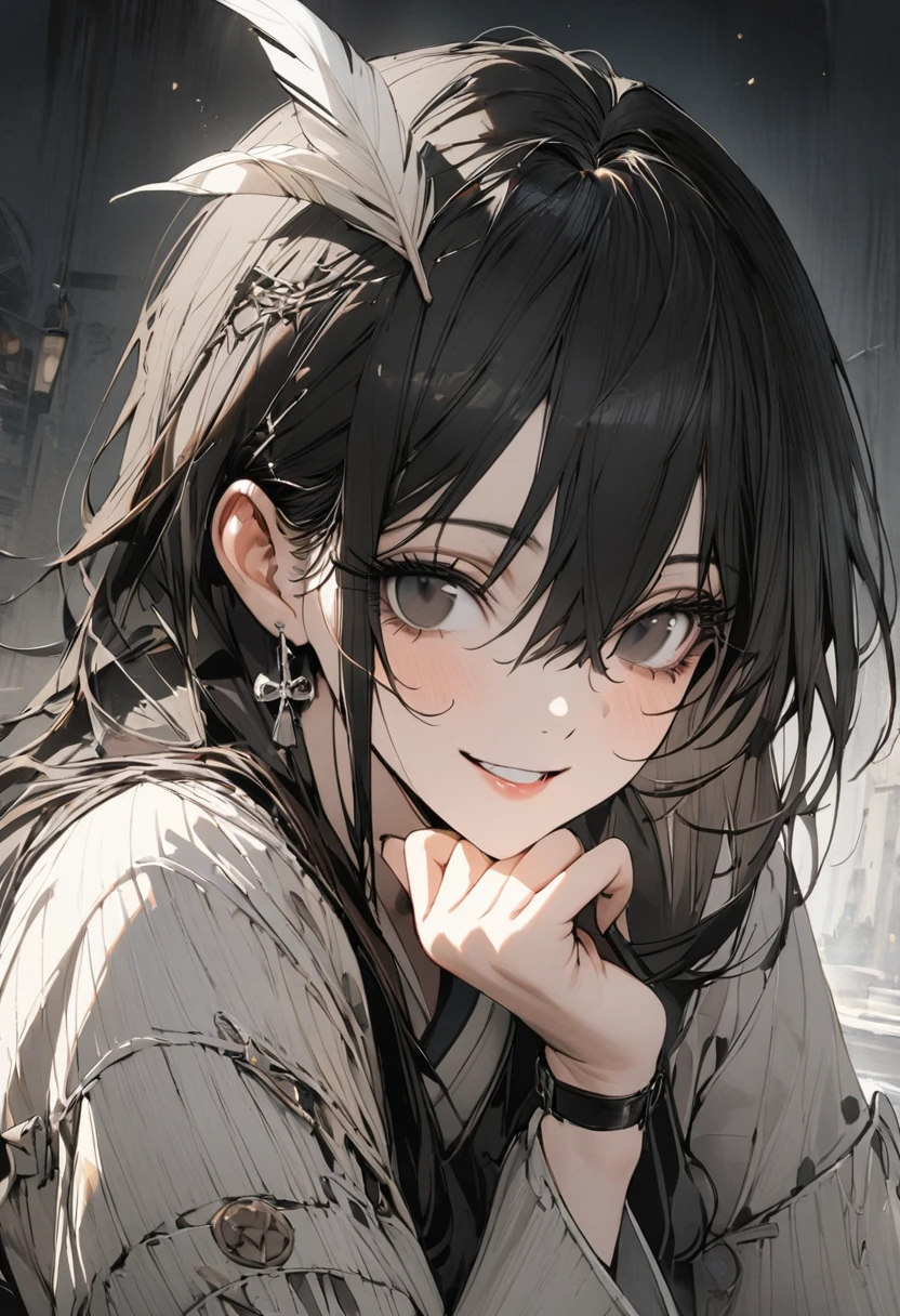 1 woman, striped hair, long black hair, hair between eyes, moles under the eyes, blank eyes, (one feather on one's head), smile, high detail, conceptual art, japanese cartoon movies, gothic art, masterpiece, super detail, high details, high quality, best quality