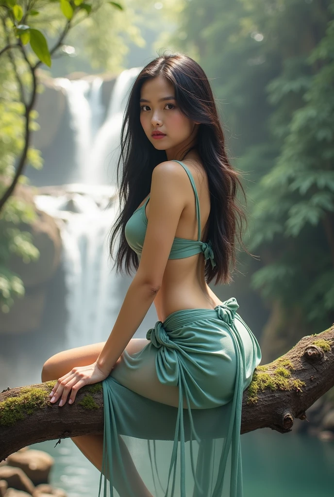 A beautiful asian and young girl.Her facial features are exquisite and fully conform to the golden ratio of human anatomy...Her long,straight long black hair, Big breasts, huge chest, fat body, beautiful scenery, big breasts, big, big , busty , big breast, big , wearing a sexy sheer silk sarong skirt,sexy pose , big breasts , big breasts, huge , full body shot, thick body, at the waterfall , sitting on a big tree branch