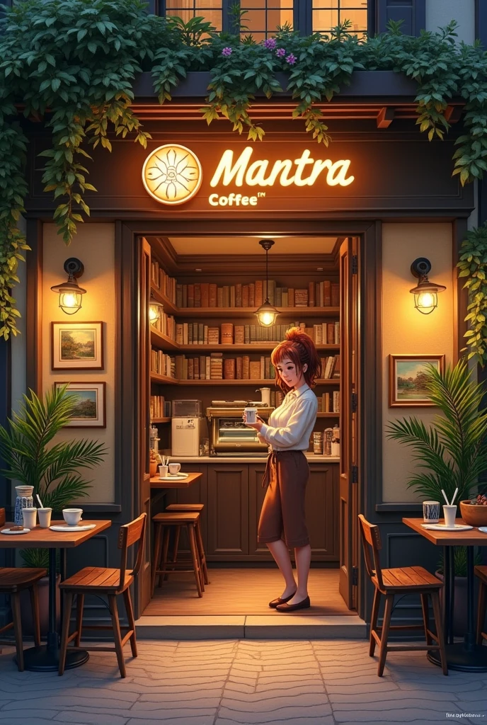 Entrance to a cafe with wooden tables outside, with a sign that says mantra coffee, illuminated, with plants, books, paintings. At the entrance a female Barista with a cup of coffee in her hand and a smile on her face. He addresses the audience with enthusiasm.