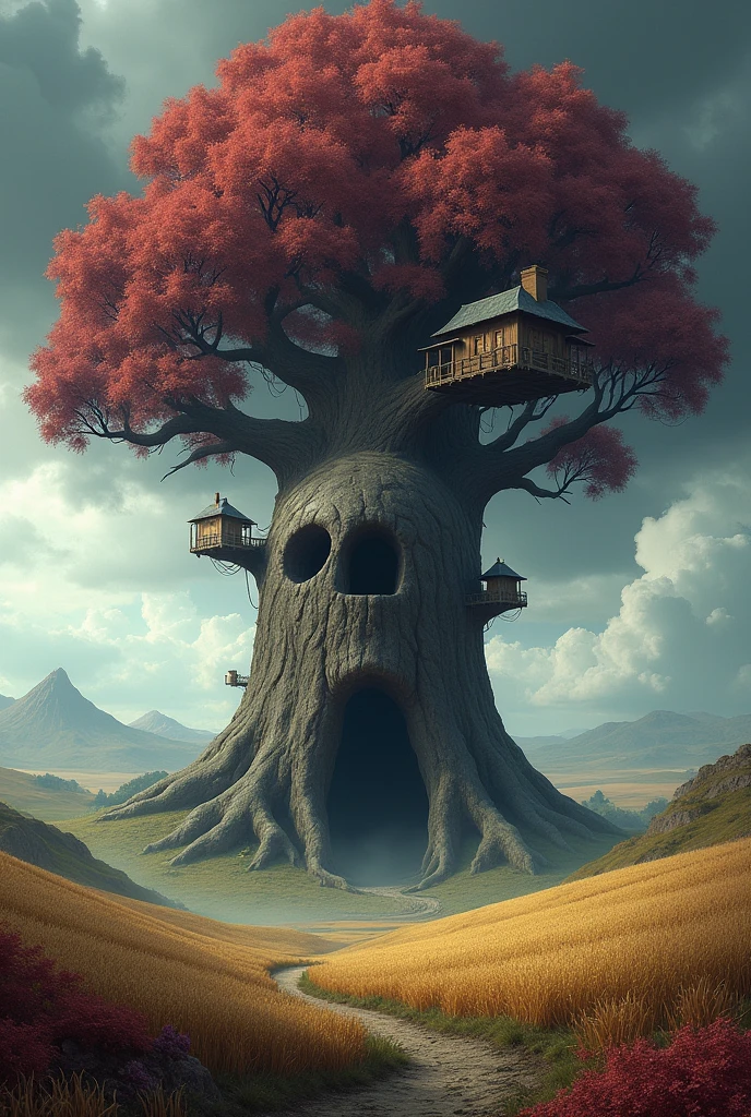 an landscape with a giant tree in center, surrounded by grains and hills. Its branches sustain platforms with houses carved on the wood. Os its base there is a hole in the shape of a skull that leads to its inside. Its leafs are wine coloured and the sky is moody, announcing a storm.