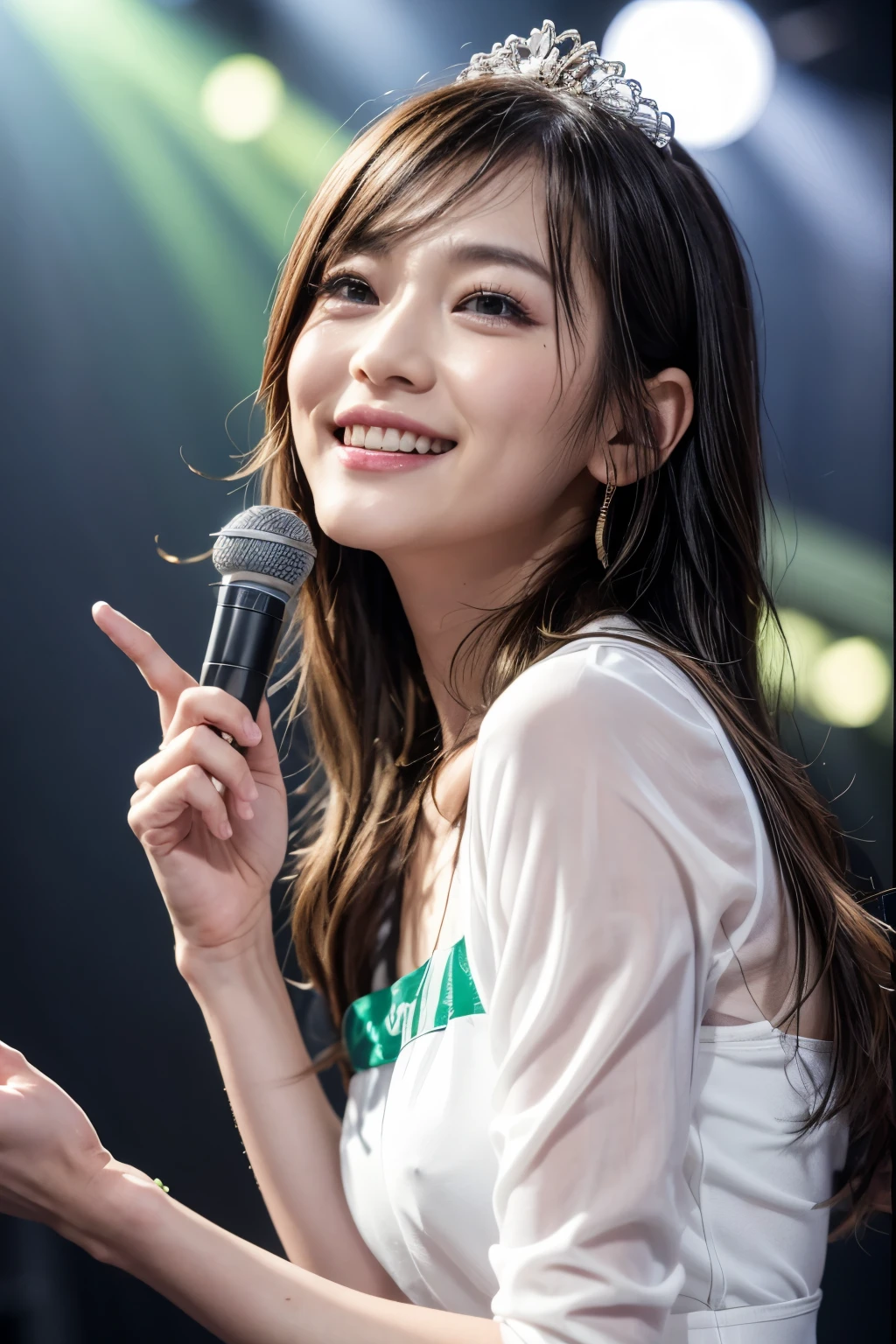realistic, on the stage of the live music club, waving a hand against the audience, smiliing, brightly lit by spotlights on the stage, extremely bright lighting, long light silver hair, wearing pastel green costume like an cuty idol, a little exposed a chest, wearing like a tiara on the head, hair is blowing in the wind, hair is shaggy and dishevelled, beautiful white-colored translucent skin and face, sweat splashes, slendar and tall figure, skiny chest, heavy and vivid makeup, small nose, smooth shaped jawline, glossy face, heavy flushed cheeks, big smile, a little adult-like charm, close-up shot