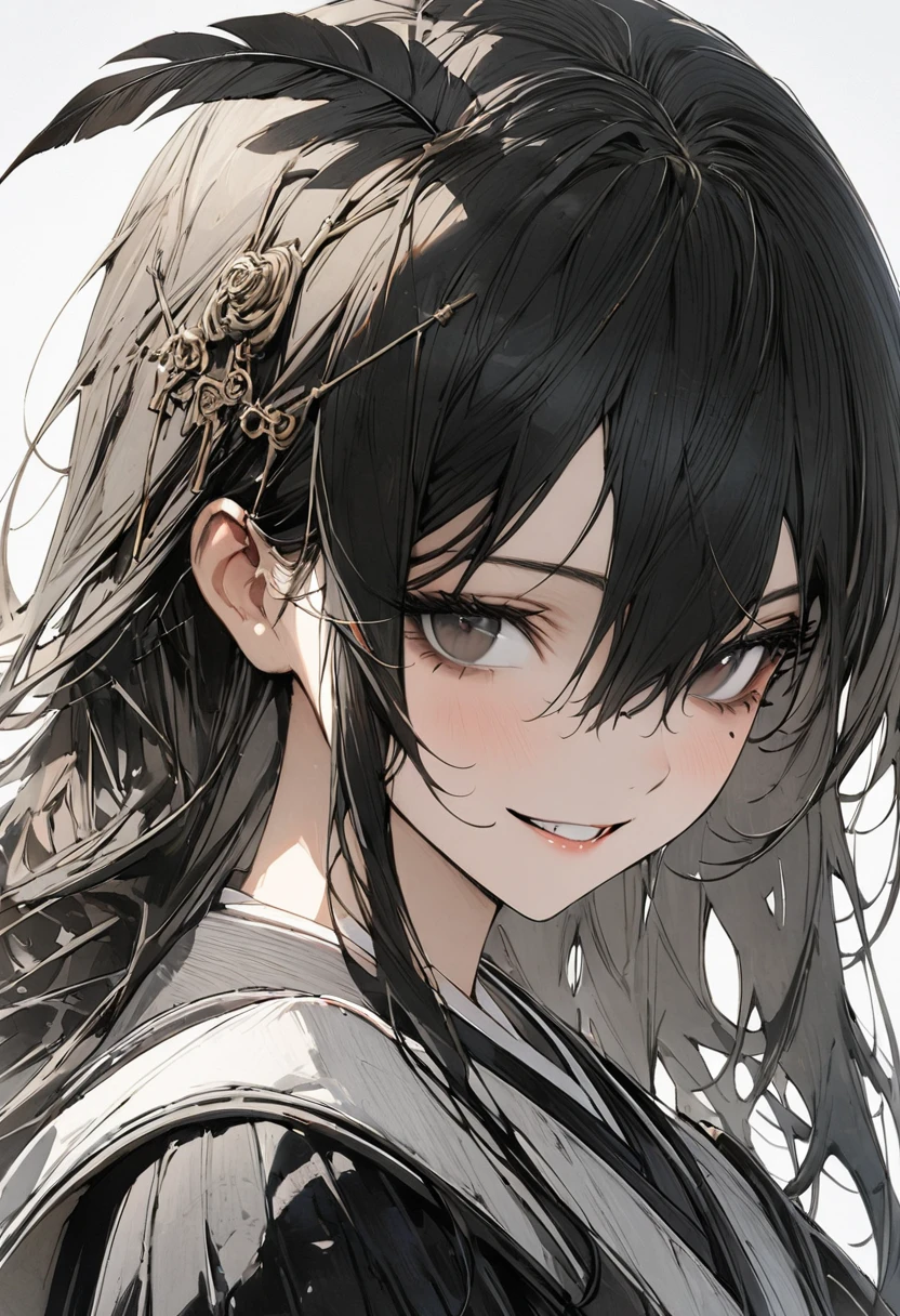 1 woman, striped hair, long black hair, hair between eyes, moles under the eyes, blank eyes, (one feather on one's head), smile, high detail, conceptual art, japanese cartoon movies, gothic art, masterpiece, super detail, high details, high quality, best quality