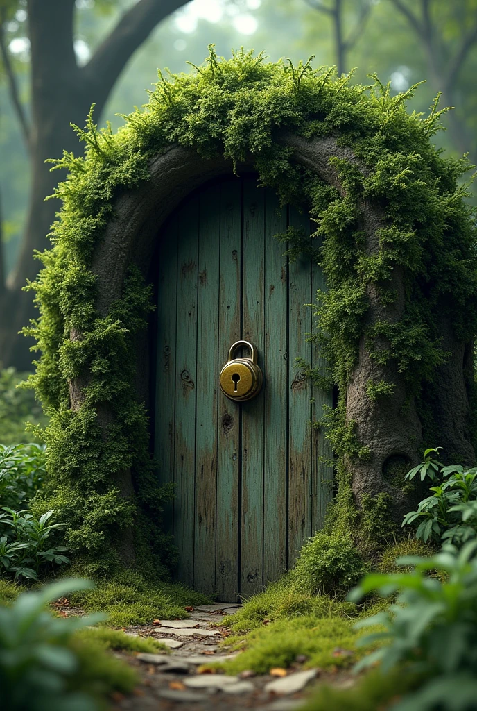 create an image of a door in the ground covered with vines, with a golden lock in the middle