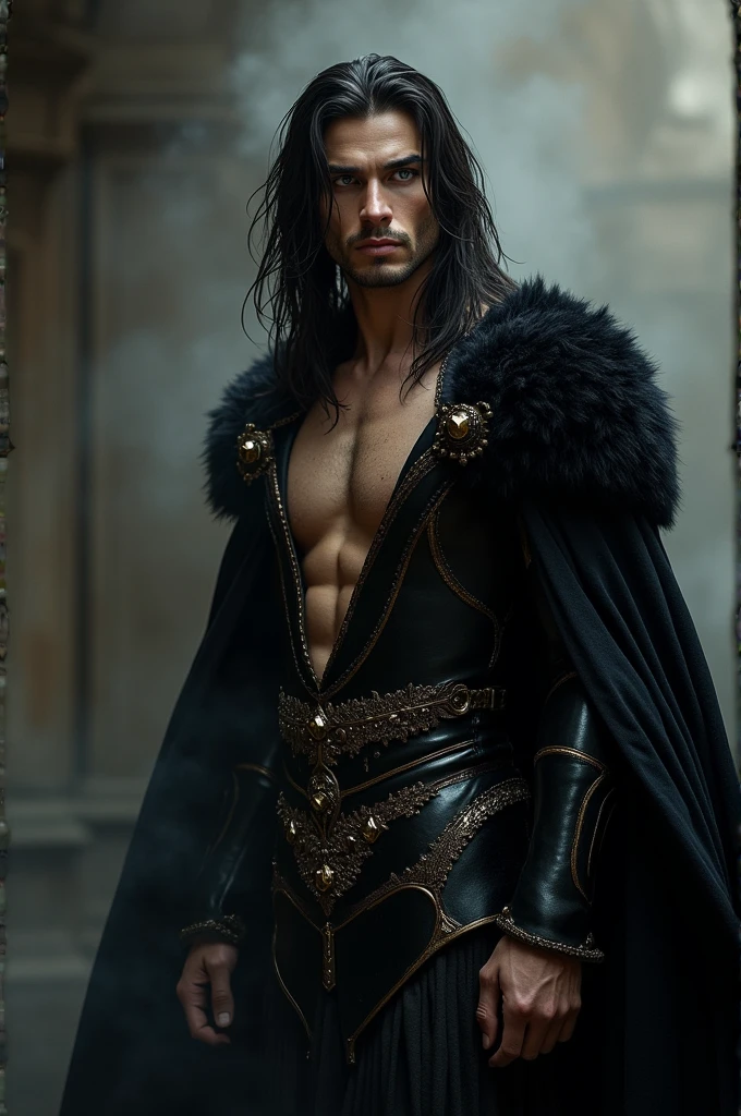 
Tall male in the ageOf course. So with all this in mind, the complete description of this man's appearance would be:

Tall male in the age range of 25-40, with long, dark and straight hair, and a strong but not "too" muscular physique. Fair skin, athletic-muscular build, and pale or white colored eyes. Extremely sexy and hot, attractive. A black and gold velvet armor, although not very protective, probably expensive-looking, with a permanent and thick black shadow aura surrounding him. The aura is very strong and people can touch it. 