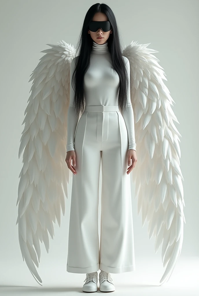 Female character, with white turtleneck shirt with big black hair with a black mask angelic pants white shoes