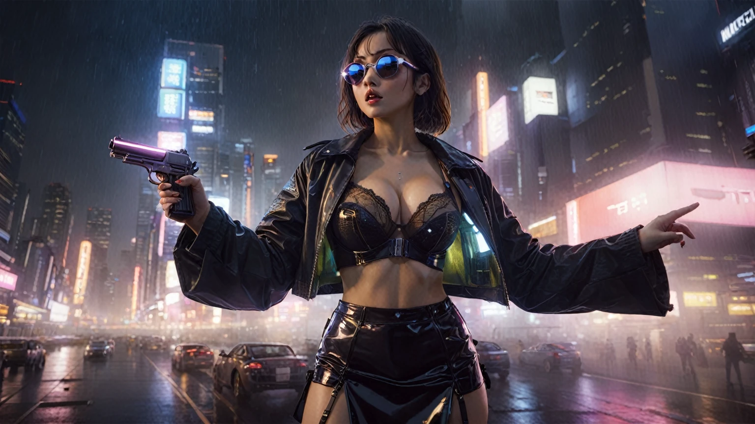 Blade Runner style futuristic Tokyo city, flying cars, neon lights, rainy night. (1girl, solo, alone), large-breast:1.2 slim body, oval:0.8 face, cleavage:1.1, sexy laced lingerie, low angle view of miniskirt, jacket, (black micro sunglasses), (holding a short gun), half-body thigh level medium shot, cinematic lighting, ray tracing.