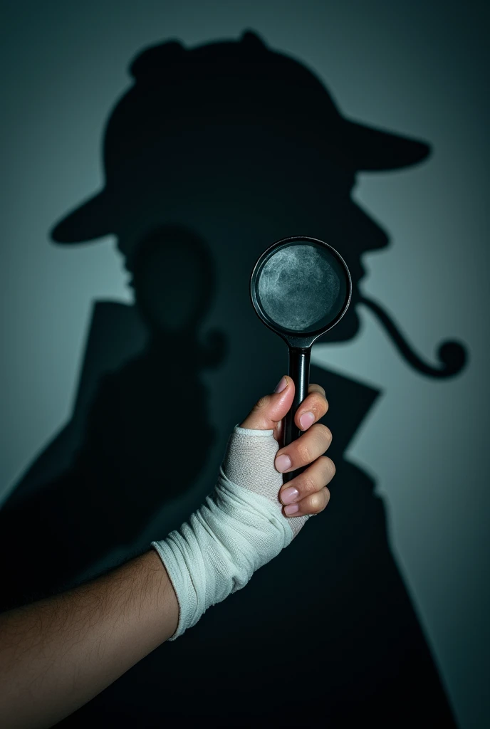 A close-up of a bandaged hand holding a magnifying glass, with Holmes' shadow projected in the background. The image captures the essence of mystery and investigation.